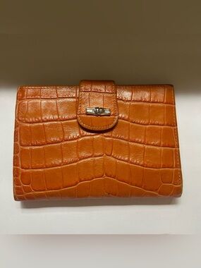 Vintage LongChamp Leather Croc Embosses Folding Wallet Orange